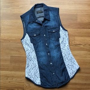 Denim & Lace Sleeveless Button Down Top